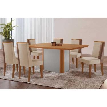 Imagem de Conjunto: Mesa de Cozinha Pietá Tampo Curvo 180cm+6 Cadeiras Tilia Madeira Naturale/Off White - Capuccino/Suede Creme - Rufato