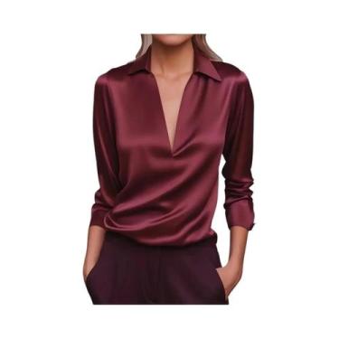 Imagem de Camisa Casual Elegante De Seda Com Manga Longa Para Mulheres, Colarinh