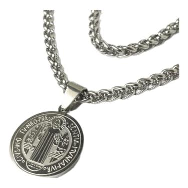 Imagem de Colar Medalha São Bento Dupla Face com Corrente Palmier Indiana 4mm em Aço Inoxidável 60cm ou 70cm Fecho Lagosta Antifurto (70cm)