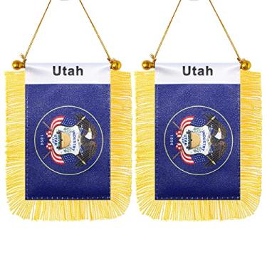 Imagem de CANTENDO Pacote com 2 bandeiras americanas para pendurar na janela de Utah, mini bandeira de carro do estado de Utah dos EUA com haste borla ventosa decoração de espelho retrovisor (7,6 x 12,7 cm)