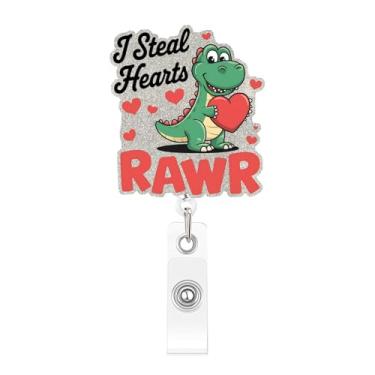 Imagem de Carretel de crachá de dinossauro de coração dos namorados com clipe jacaré, antiderrapante, fofo, romântico, fofo, coração, retrátil, porta-crachá de identificação de dia dos namorados, suporte de