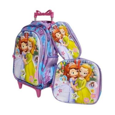 Imagem de Kit Mochila 3D Rodinha Infantil Lilás Escolar Feminina Estampa Desenho