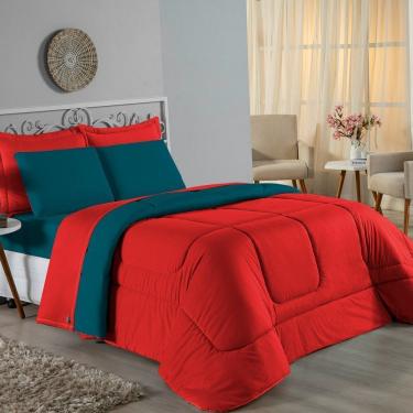 Imagem de Kit Edredom Dupla Face + Jogo De Lençol King Nobre 7 Peças Malha 100% Algodão - Vermelho / Petróleo