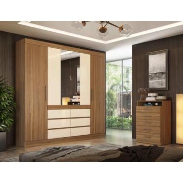 Imagem de Guarda-Roupa Casal 4 Portas Cádis com Espelho 2 Gavetas Amêndola Touch