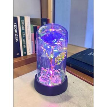 Imagem de Rosa Metalizada Com Ursinho Na Cúpula Led Luminária Redoma - Art House