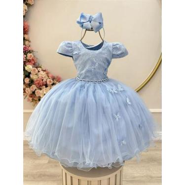 Imagem de Vestido Infantil Azul com Busto de Renda e Apliques de Borboletas para