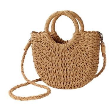 Imagem de BOLSA FEMININA TECIDA SEMICIRCULO PARA PRAIA FERIAS VERÃO Cor:Bege Esc