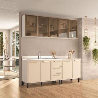 Imagem de Cozinha Compacta Amara 9 Portas 3 Gavetas com Vidro 40250789 Creme/Branco - Politorno