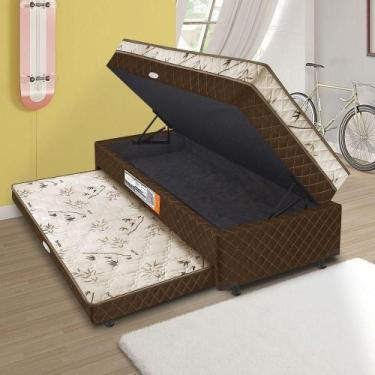 Imagem de Cama Box Baú Solteiro Conjugada Com Mola Com Cama Auxiliar - Marrom - 