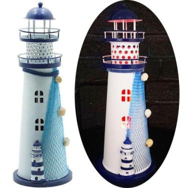 Imagem de Enfeite Náutico Farol Artesanal em Metal com Leds Embutidos 30CM Azul 