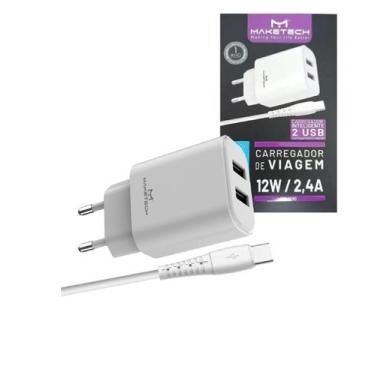 Imagem de Carregador Tomada C/Cabo Usb C Tipo C 2 Usbs 12w 2.4a Novo - Maketech,