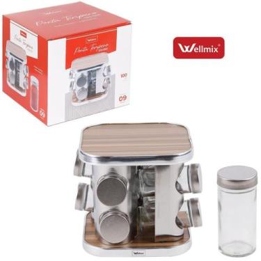 Imagem de Porta tempero giratorio inox-mdf quadrado 8 potes - wx10489 - WELLMIX
