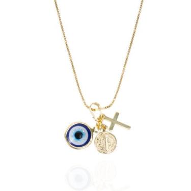 Imagem de Colar religioso(olho grego/cruz/placa deus)banhado ouro 18k - Brimatto
