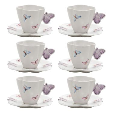 Imagem de Conjunto de Xícaras de Chá Borboletas 200ML com Pires Porcelana Resistente Micro-ondas Branco Azul Rosa Lilás Wolff