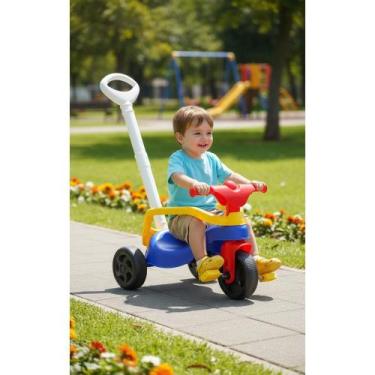 Imagem de Triciclo Infantil Bebê Com Empurrador Divertido Azul/Amarelo - Congrat