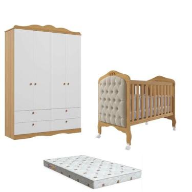 Imagem de Quarto Bebê Berço e Guarda roupa Canto Dorabelly +Colchão Cp - Branco 