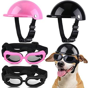 Imagem de Frienda Conjunto de 4 peças de capacete e óculos para cães de 10 cm acolchoado para capacete de motocicleta e óculos de sol para cães e animais de estimação com cinto ajustável para andar de bicicleta ao ar livre