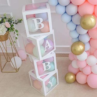 Imagem de Caixas de chá de bebê para decoração de festa – 4 caixas transparentes de balões com letras, design de blocos individuais para bebês para meninos e meninas, decorações de chá de bebê, decoração de gênero revelação de gênero, pano de fundo de festa de aniversário
