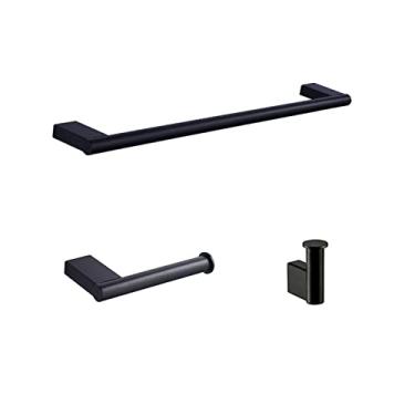 Imagem de Acessórios de banheiro de aço inoxidável preto barra de toalha rack de armazenamento de vidro saboneteira escova de banheiro suporte de papel prateleira gancho de roupão, conjunto de 3 peças