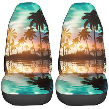 Imagem de FeHuew Conjunto de 2 peças de capas de assento de carro de palmeira para pôr do sol de praia, protetor de assento frontal de veículos, acessórios interiores de automóveis, capas de tapete de carro, ajuste universal, para a maioria dos carros, SUV Van caminhão