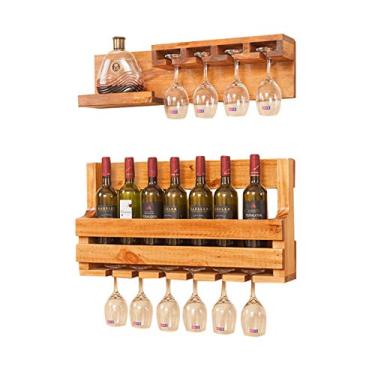 Imagem de LTLWSH Prateleira de vinho com suporte de vidro, suporte de garrafa com espaço para garrafas e copos prateleira de madeira pendurada na parede como suporte de garrafa, AB