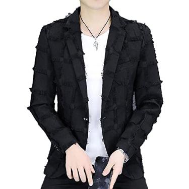 Imagem de Blazer masculino primavera slim fit terno jaquetas de pelúcia listrado um botão casamento jantar lapela casaco lavado uso diário para escritórios, preto, XGG (busto: 112 cm)