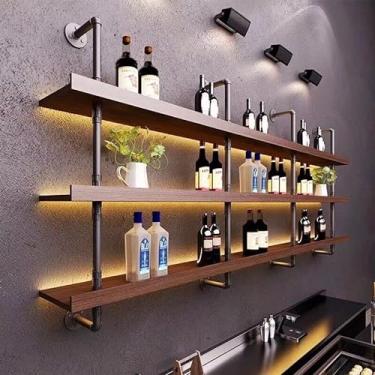 Imagem de Rack de garrafa de vinho de teto de 3 camadas - Rack de vinho montado na parede, estante de sala de estar moderna, rack de armazenamento de madeira maciça de ferro forjado, rack de planta de madeira