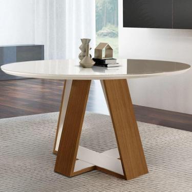 Imagem de Mesa Redonda 4 Lugares Tampo com Vidro/Laca Grécia Castanho Cinamomo/Off White