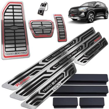 Imagem de Soleiras aço inox escovado com Vinil adesivo e pedaleiras Tiggo 5x Pro 2022 Adiante (Turbo, Com pintura)