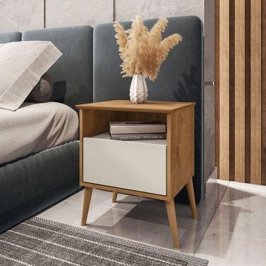 Imagem de Mesa de Cabeceira 1 Gaveta Pés de Madeira Maciça Cancun Móveis Bechara Marromlle/Off White