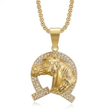 Imagem de NEGS Colar de aço inoxidável com pingente de cavalo de animal da sorte punk rock para homens e mulheres, corrente de 60 cm, hip hop, ferradura, joias, presente para homens e mulheres, Aço inoxidável,