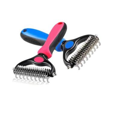 Imagem de Escova Rasqueadeira Rake Removedor Tira Pelos Mortos Desembolador Remove Subpelos Cães Pets Gatos Cachorros - Grande (Azul e Preto)