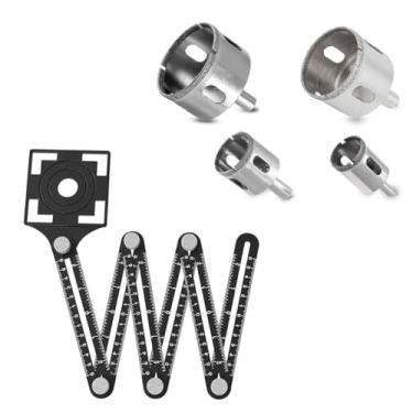 Imagem de Gabarito Régua Marcador Esquadro Furo Piso Cerâmica Porcelanato Vidro + 4 Broca Serra Copo Diamantada Premium 50/40/32/25MM