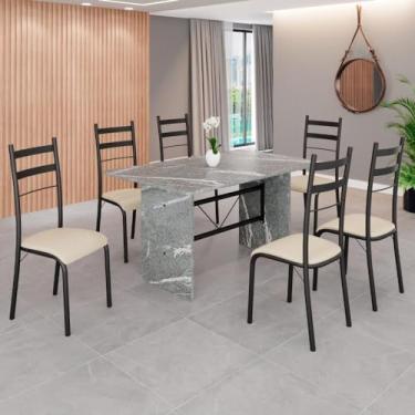 Imagem de Conjunto Sala de Jantar Mesa Retangular 140x75cm Tampo Granito Topázio 6 Cadeiras Marselha Creme/Preto Fosco