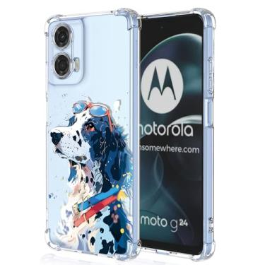 Imagem de XINYEXIN Capa transparente para Motorola Moto G24 / Moto G04, fina à prova de choque TPU bumper capa de telefone transparente padrão fofo, arte legal colorida série grafite - cachorro branco