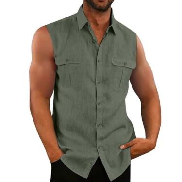 Imagem de Camisas masculinas de algodão sem mangas, camisa de verão com botões, regata de praia, camisa básica sólida, colete com bolso duplo (Color : Green, Size : M)