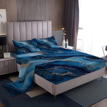 Imagem de Jogo de lençol solteiro, geométrico, listrado, 4 peças, tema azul, microfibra macia, respirável, lençol com elástico, lençol de hotel e fronha