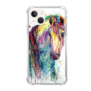 Imagem de Ricin Relun Capa colorida de cavalo para iPhone 14, capa amortecedora de silicone TPU fofo animal em aquarela, slim fit, antiarranhões, capa protetora para iPhone 14