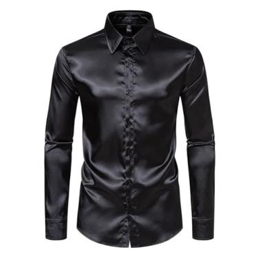 Imagem de Camisa masculina casual slim fit manga longa cetim botão cor sólida brilhante camisa boate, Preto, XXG