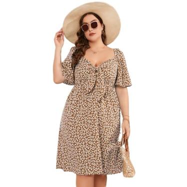 Imagem de Vestido plus size feminino, decote em V, frente atado, transpassado, evasê, plus size, comprimento no joelho, vestido midi rodado para mulheres curvilíneas, Amarelo, 4G