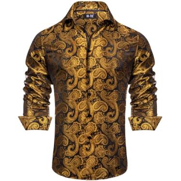 Imagem de Hi-Tie Camisa social masculina de seda formal Paisley preta e dourada com botões camisas de manga comprida para festa de negócios, 3GG, Preto e dourado, 3G