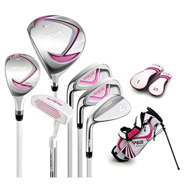 Imagem de PGM Clube de golfe júnior, conjunto completo de tacos de golfe NSR, canhoto para crianças de 6 a 8 anos, 6 peças de tacos de golfe juvenis com bolsa de suporte e 2 capas de cabeça para meninos e