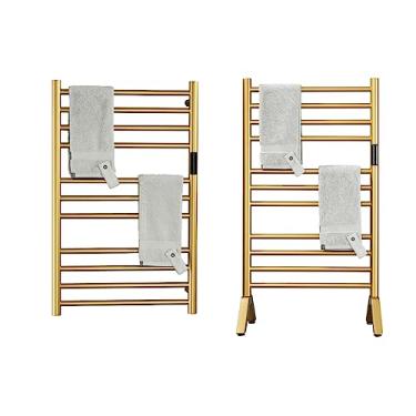 Imagem de DUDYP Radiador toalheiro elétrico dourado independente e montado na parede aquecedor de toalhas para casa de banho com temporizador e indicador LED, 11 barras secador de toalhas de aço inoxidável 304