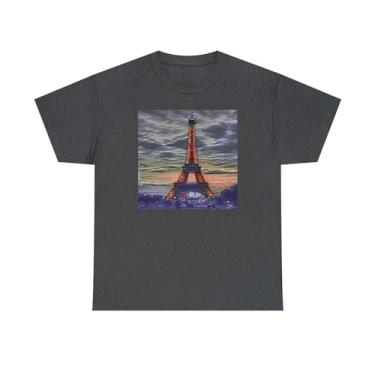 Imagem de Torre Eiffel ao pôr do sol - Camiseta unissex de algodão pesado, Mescla escura, XG