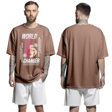 Imagem de Camisa Camiseta Oversized Streetwear Genuine Grit Masculina Larga 100% Algodão 30.1 World Changer - Marrom - GG