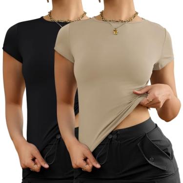Imagem de AKEWEI Camisetas femininas curtas de manga comprida pacote com 2 camisetas básicas de outono, Aa-preto e cáqui, M