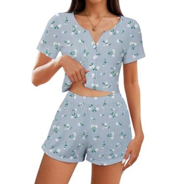 Imagem de American Trends Conjunto de pijama feminino, 2 peças, abotoado, manga curta, conjunto de pijama floral, Flor branca azul, P