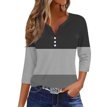 Imagem de Camisetas de manga 3/4 para mulheres, casual, caimento solto, botão e gola V, cores contrastantes, túnica moderna, básica, rosa, M