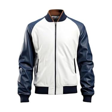 Imagem de Jaqueta masculina azul marinho e branca, jaqueta de couro masculina, jaqueta de couro para motociclista, jaqueta de couro masculina, Azul marinho e branco, 3G