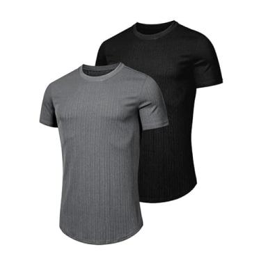 Imagem de JMIERR Camiseta masculina com gola redonda, manga curta, caimento justo, com nervuras, malha elástica, W preto/cinza, 3G